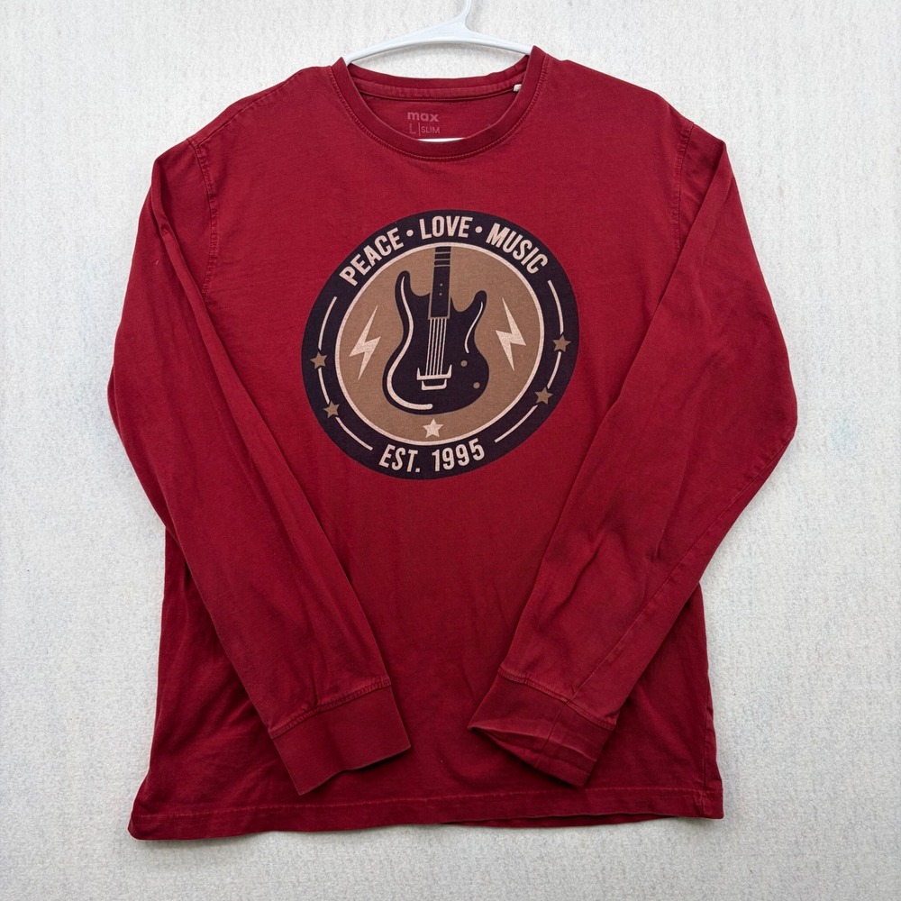 Max Mens Slim Fit Long Sleeve Graphic T-Shirt Red Peace Love Music Guitar Large